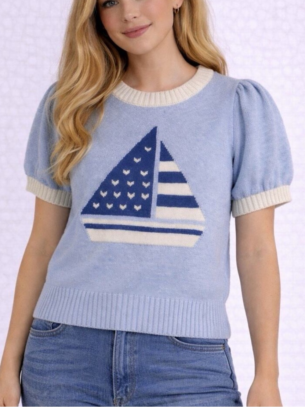 Thread & Supply Baby Blue Puff Sleeve Sailboat for Sweater with Cream Trim